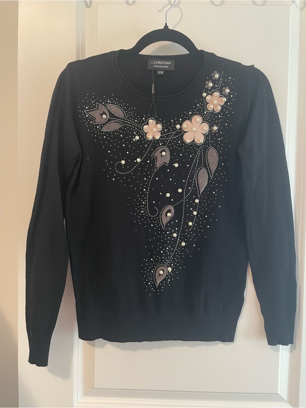 Christina Black 100% Cashmere Sweater with Pearl Floral Appliqué